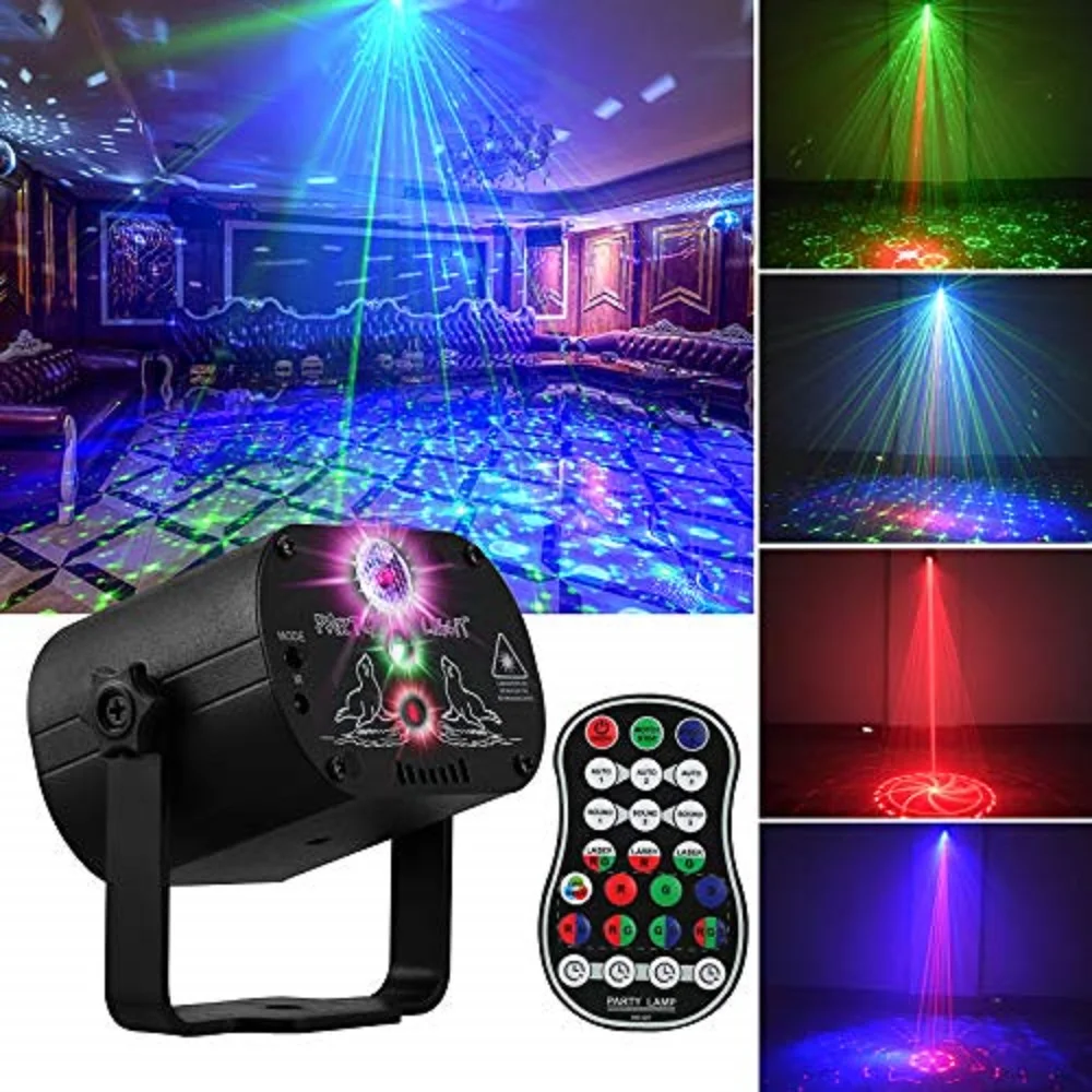 luzes led dj 98 padroes rgb laser discoteca projetor de luz musica som ativado partido strobe lampada para casa pista de danca clube bar 01