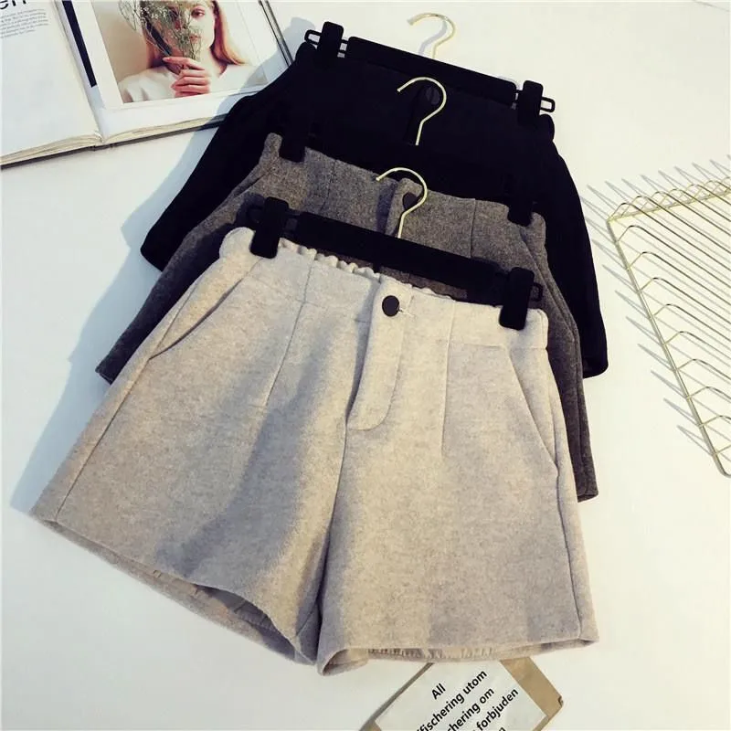 Winter Women Casual Thick Wool Shorts  Outerwear High Waist Short Wide Leg Short Pants Female Warm Loose Shorts Pockets
