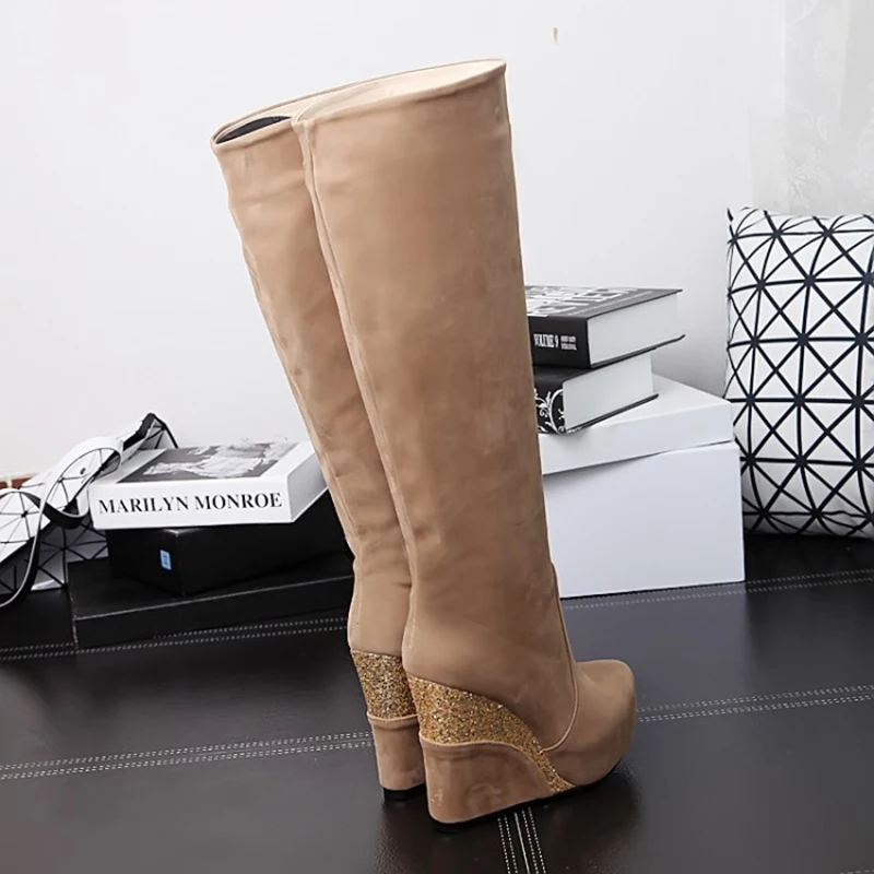 Flock Stitching Sequined Cloth Wedges Women\'s Knee-Length Boots Inner Heightening Platform Flat-Bottomed Winter Long Boots