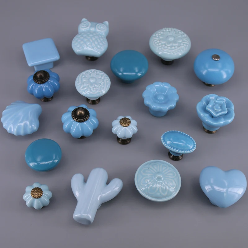 1PC Light Blue Drawer Knob Handle country style Dresser Pull Ceramic Kitchen Cabinet Handle Knob for Kids Children room