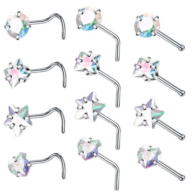 4PCS/Set Surgical Steel Heart Nose Ring Set Real Star L Shape Nose Stud Set Square Nose Rings And Studs Bulk Piercing Nariz Lote