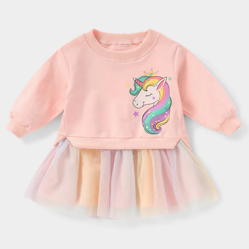 Baby Girls Cartoon Cute Clothes New New Children Mesh Patchwork Dress Kids Girls Unicorn Pattern Princess DressChristmas