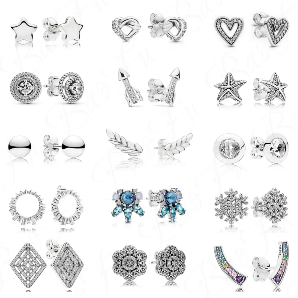 

Authentic 925 Sterling Silver Stud Earrings Simple Five-pointed Star Love Interwoven Snowflake Suitable for Women's Jewelry