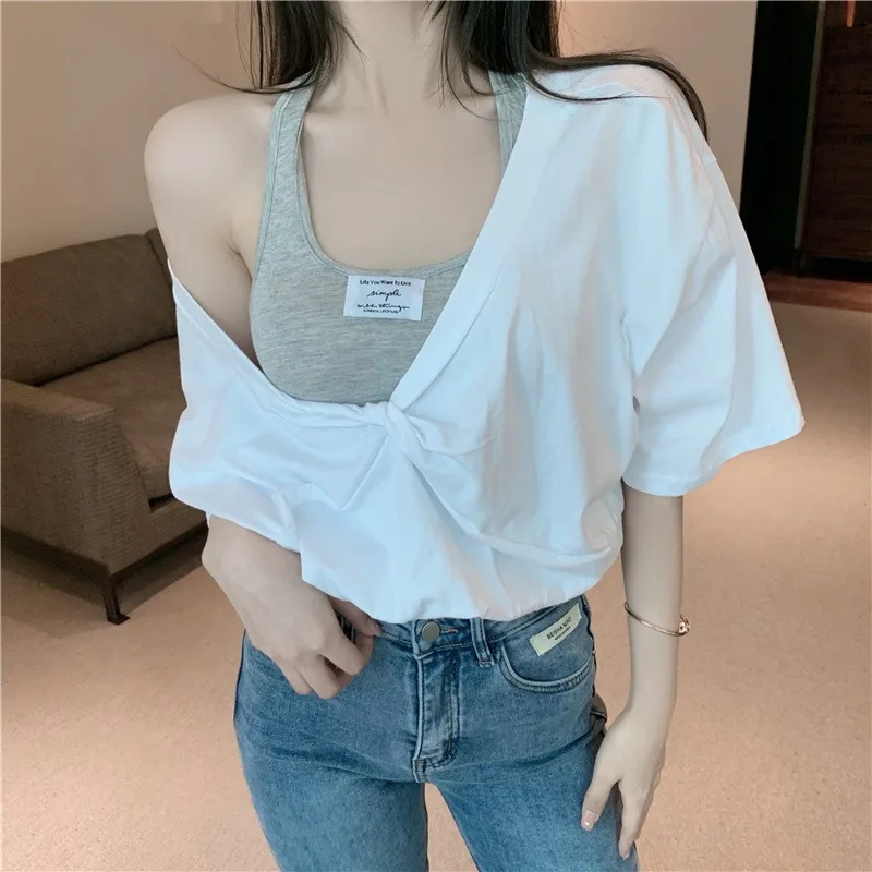 T Shirt Women Slim Fashion All-match Off Shoulder Korean Style Patchwork Students Simple Casual Ladies Summer 3 Colors Top Basis