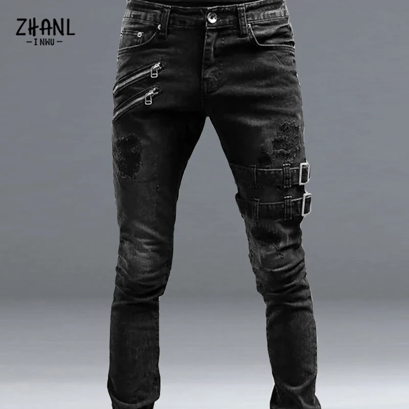 Black Slim Straight Leg Jeans Man Pants Cacual Ripped Jeans Male Streetwear Youth Man Clothes Moto Harajuku Long Denim Trousers