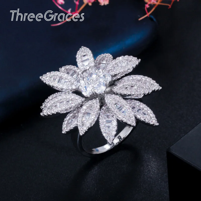 

ThreeGraces Gorgeous White Fireworks Flower Cubic Zirconia Statement Big Sliver Color Cocktail Party Finger Rings for Women R107