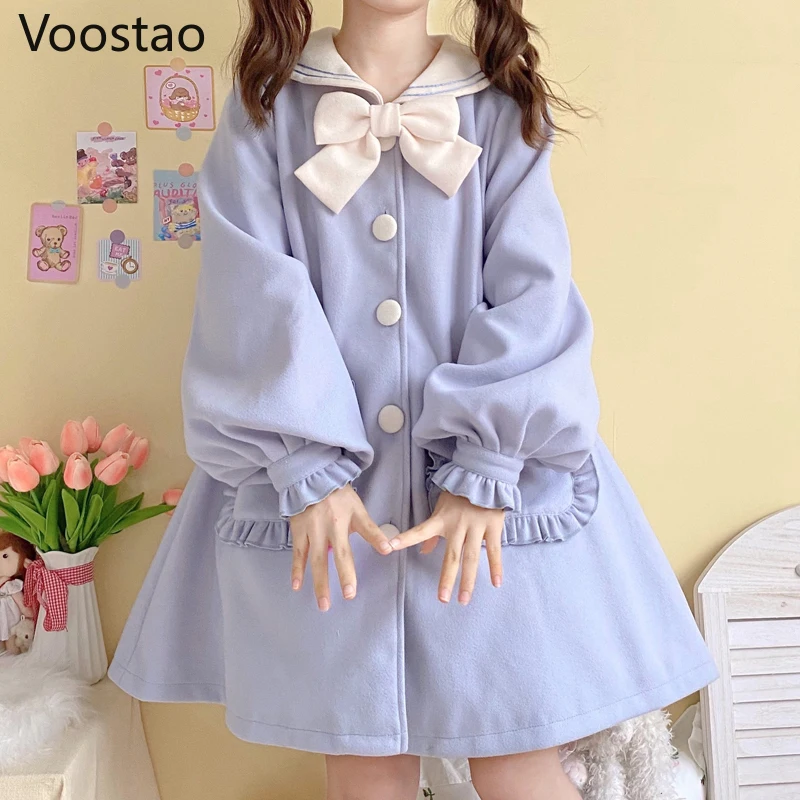 Autumn Winter Sweet Lolita Style Woolen Coats Preppy Chic Sailor Collar Bow Pocket Loose JK Uniform Jackets Women Kawaii Outwear