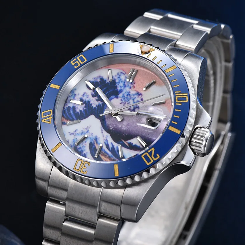 Kanagawa Aseptic Blue Surface Men\'s Automatic Mechanical Watch Watch Stainless Steel Blue Ceramic Ring