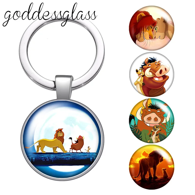 Disney The Lion King Cute Simba Timon Pumbaa glass cabochon keychain Bag Car key chain Ring Holder Charms keychains gift