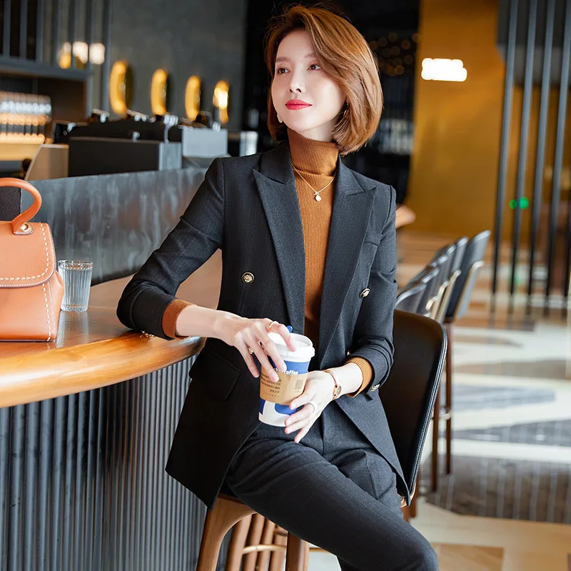 High Quality Fabric Formal Professional Ladies Office Work Wear Autumn Winter OL Styles Pantsuits Elegant Striped Blazers Set