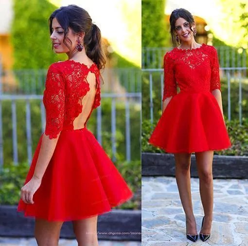 2015 sweety vermelho quente vestidos de baile meia mangas bateau pescoço renda aberta para trás uma linha curto baile cocktail vestidos