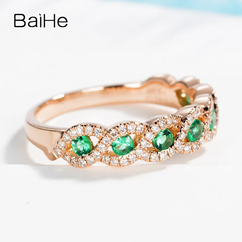 BAIHE Real Solid 14K Rose Gold Natural Emerald Diamond Ring Women Trendy Party Engagement Fine Jewelry Anillo Esmeralda エメラルドリング