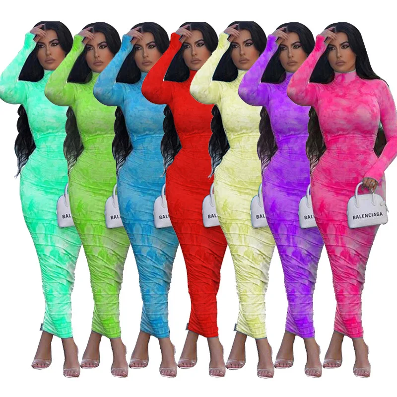 

2021 Winter Women Long Maxi Dress Tie-dye Print Party Night Club Elegant Street Street Wear Bandage Dresses Vestidos