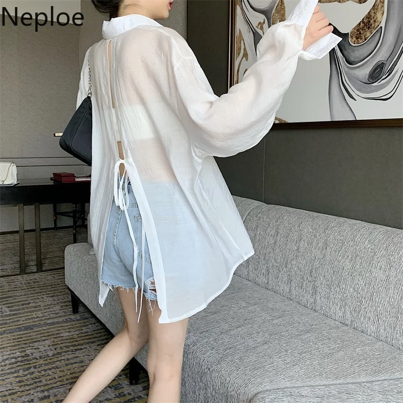 Neploe Korean Sunscreen Shirt Women 2023 Summer Clothes Fashion Bandage Blouses Elegant Loose Long Sleeve See Through White Tops