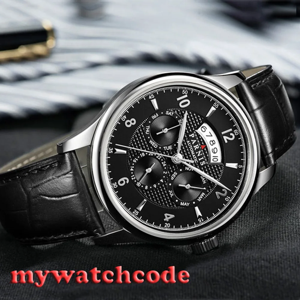 42mm Parnis Black Dial Sapphire Glass 26 Jewels Miyota 9100 Automatic Date Week Multifunction Mens Watch Leather Strap P535