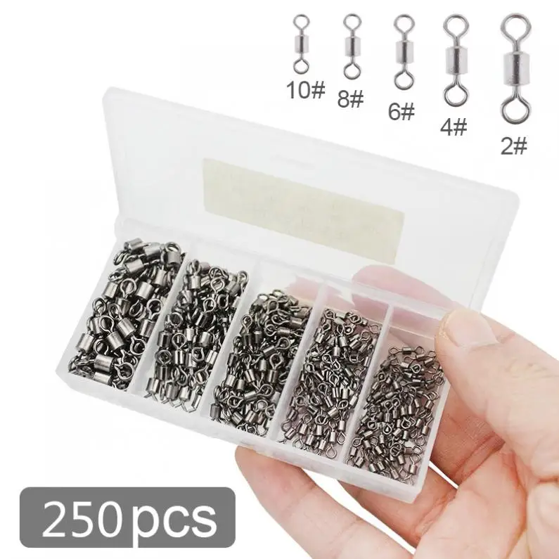 

250pcs 2# 4# 6# 8# 10# Fishing Swivel Snap Hook Connector 8 Shape Barrel Ball Bearing Solid Ring