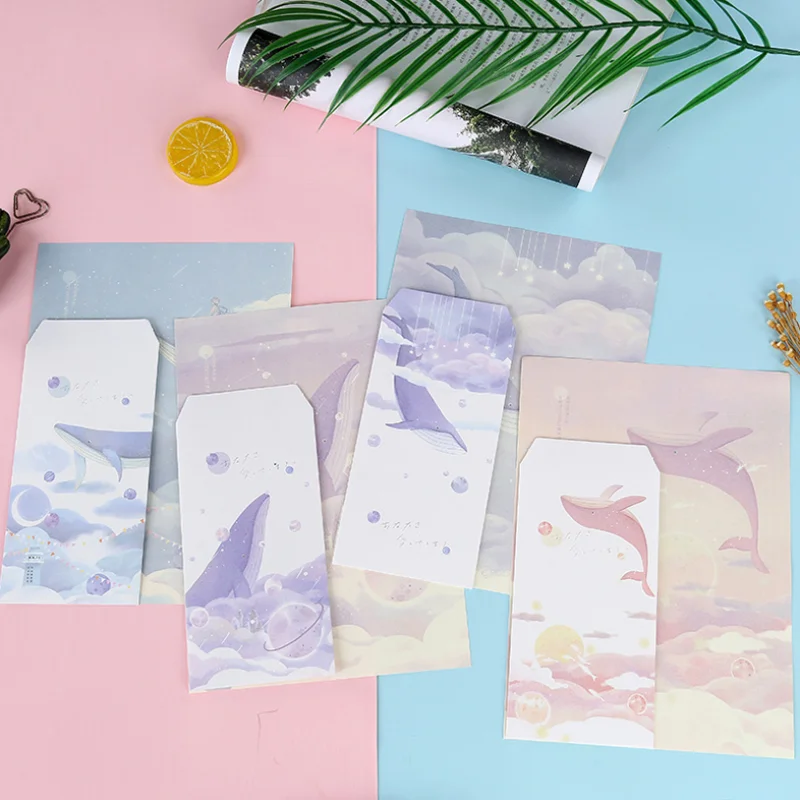 3 Envelope+6 Paper Letter Kawaii Flamingo Whale Creative Stationery School Office Supplies Children Envelope Wedding