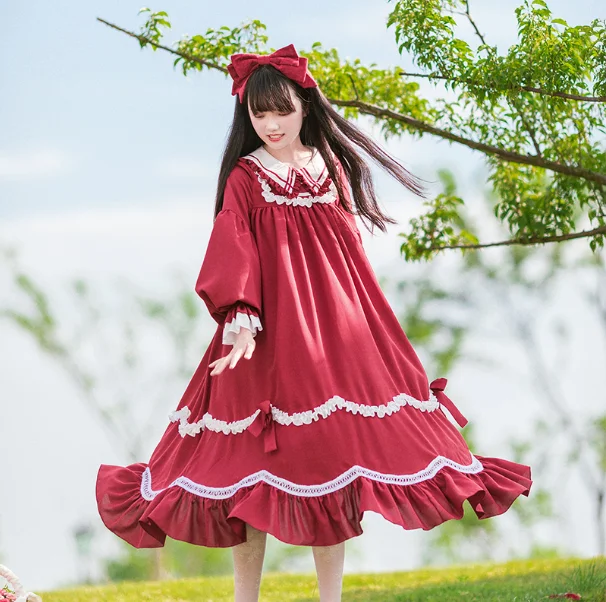 Công Chúa Tiệc Trà Ngọt Lolita Đầm Retro Ren Nơ Phong Cách Pháp Thanh Lịch Victoria Đỏ Đô Kawaii Cô Gái Gothic Lolita Op