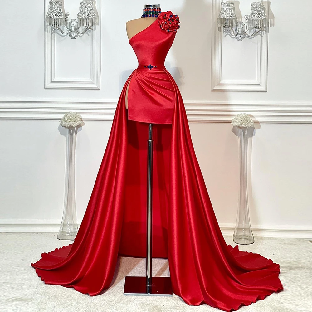 Yipeisha Beaded Collar Red Prom Dress High Low Asymmetric Hi-lo Party Dress Custom Made Satin Masquerade Gown Customized