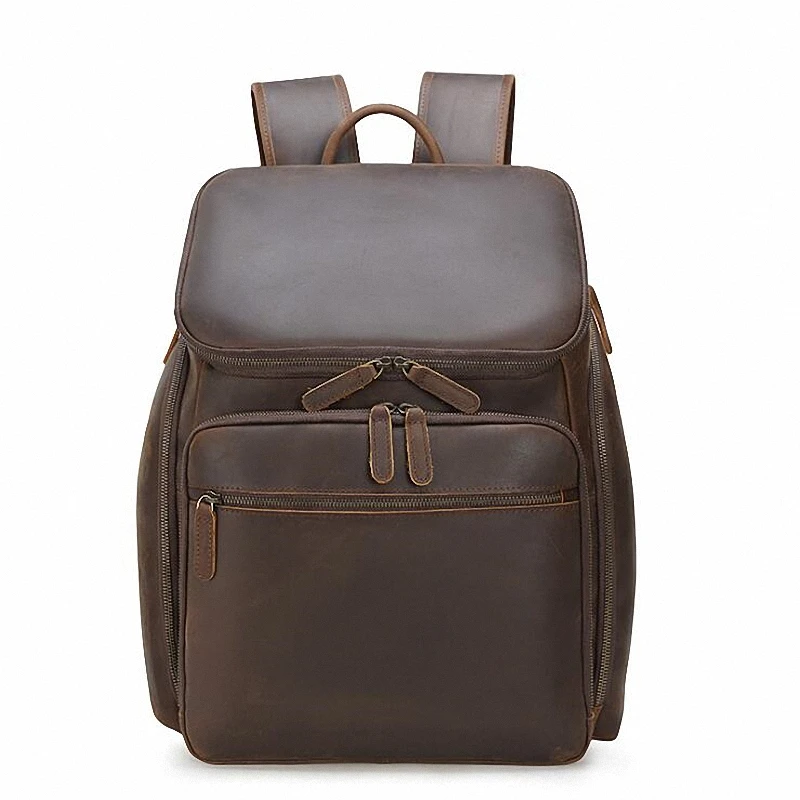 Luxury Backpack Men Crazy Horse Genuine Leather Back Pack Laptop Bag Business Casual Fashion Male Brown Bags High Quality