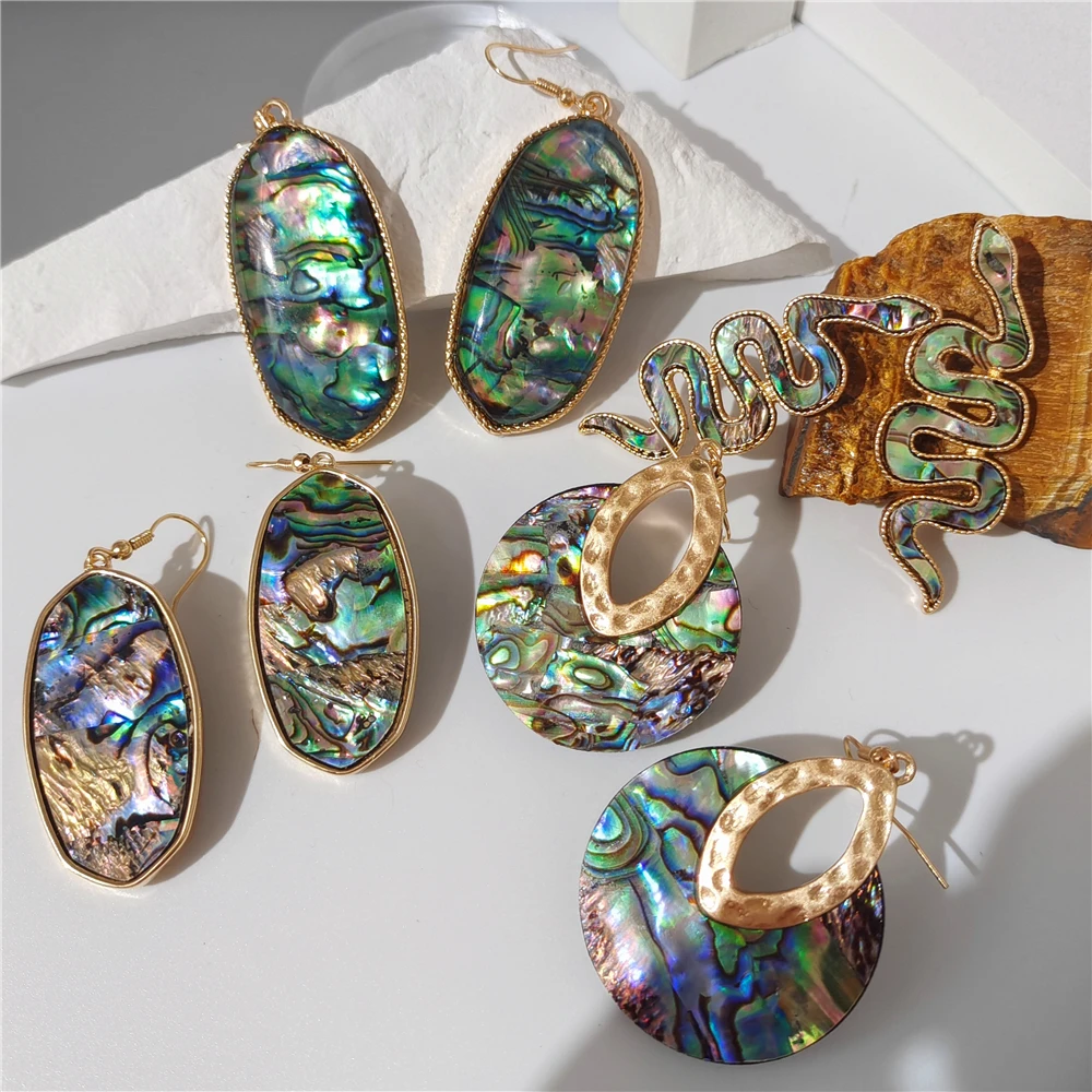 HUANZHI 2022 Pearl Abalone Shell Geometric Oval Round Snake-Shaped Pendant Drop Earrings for Women Europe and American Jewelry