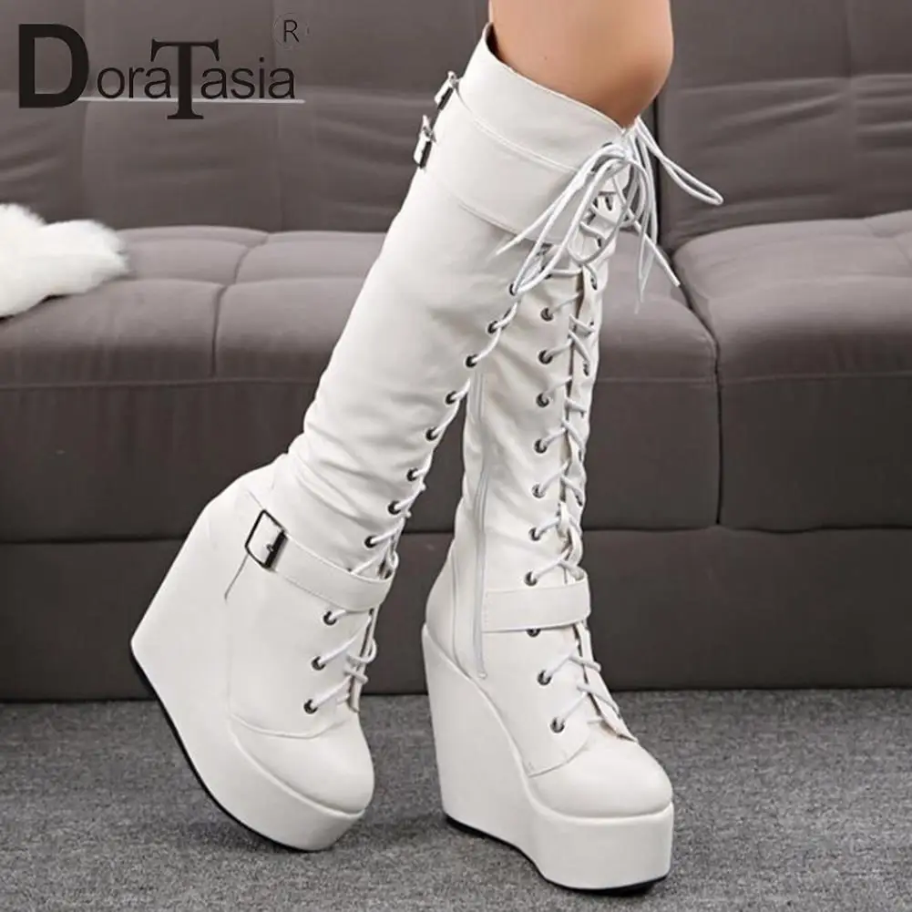 DORATASIA Big Size 35-43 Ladies Wedges High Heels Knee High Boots Cross Tied High Platform Boots Women Party Sexy Shoes Woman