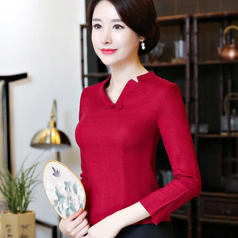 Women'S Long-Sleeved Disc Button Fashion Chinese Style Improved Retro Cotton And Linen Slim Ethnic Style Chinese Shirt Cheongsam