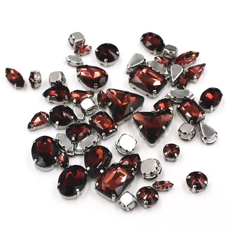 Sell at a loss! mixed shape Wine red cystal glass sew on rhinestones with silver base diy clothing accessories SWM08