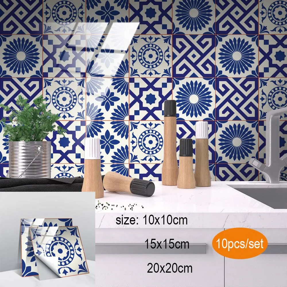 10pcs 15*15 Water Proof Oil Proof Wall Kitchen Tiles Stickers Blue Kitchen Contact Peel and Stick Wall Backsplash Tile Bathroom