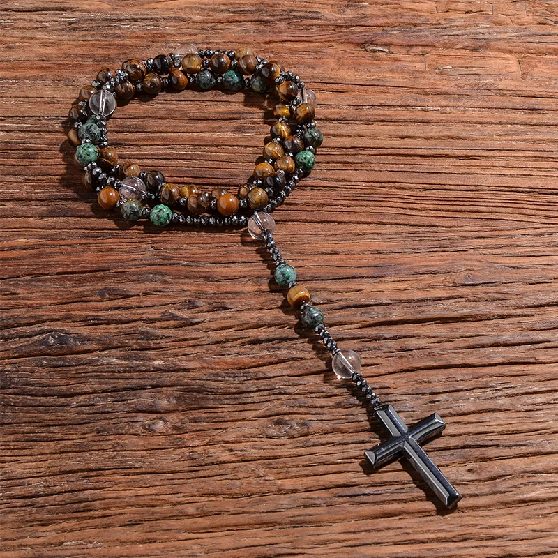 

Natural Yellow Tiger Eye African Turquoise Beads Catholic Christian Cross Pendant Necklace Mala Rosary Men's and Women's Jewelry