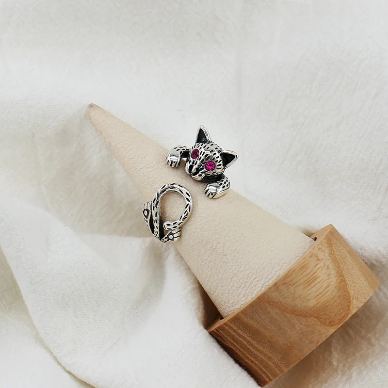 real 925 silver personalized fashion lucky cat ring female red eye cat retro opening