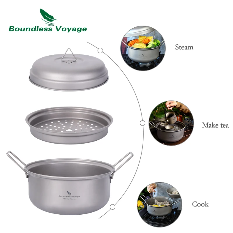 Boundless Voyage Titanium Steamer Stockpot Set with Lid Outdoor Camping Soup Pot Pan Mess Kit Ti2058C