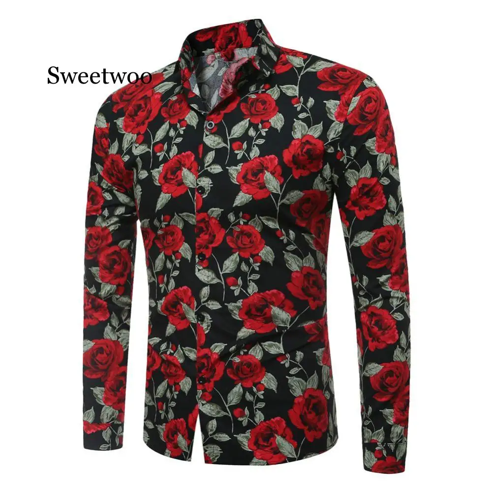 Men's Long Sleeve Casual Shirts Fashion Rose Flower 3D Print Floral Shirt Turn-down Collar Slim Fit Shirt Mens Clothing