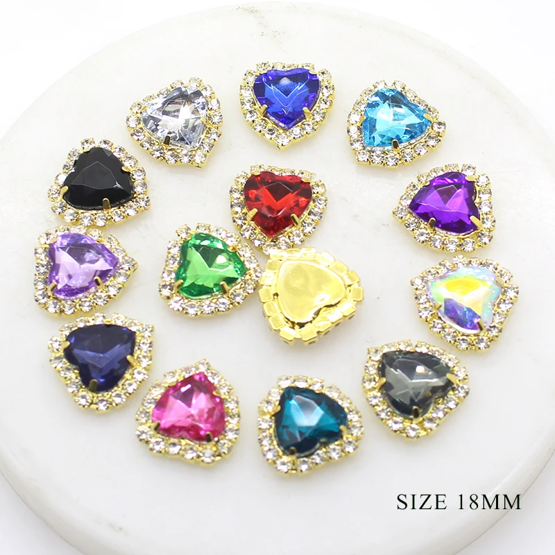 New 10Pcs/Lot Gold Rhinestones Heart Flatback Buttons Handwork Decoration Greeting Card Ribbon 18MM Sewing Wedding Accessories