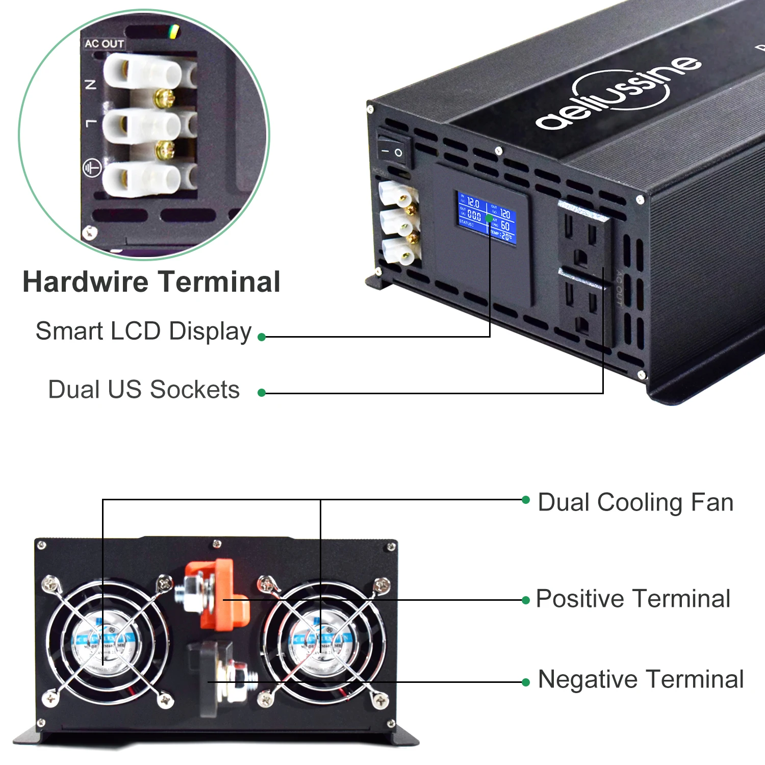 

2500W Pure Sine Wave Inverter 12/24/36/48V DC to 120/220/230V AC Solar Panel Power Supply Battery Voltage Converter LCD Display