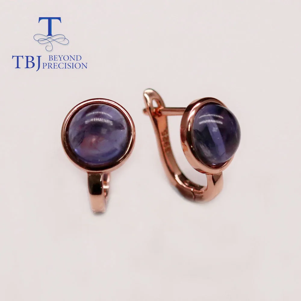 Natural Blue iolite clasp earring Round 8mm real gemstone fine jewelry 925 sterling silver for women daily wear tbj