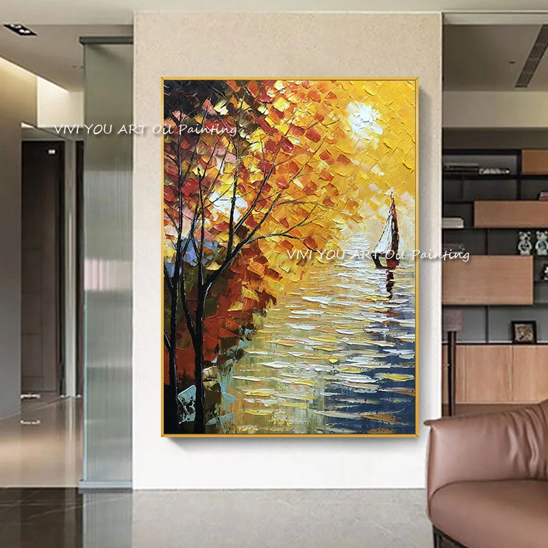 100% Handmade Abstract Knife Sunset Tree Landscape oil painting Handpainted Canvas Modern for Home Living Room Decoration