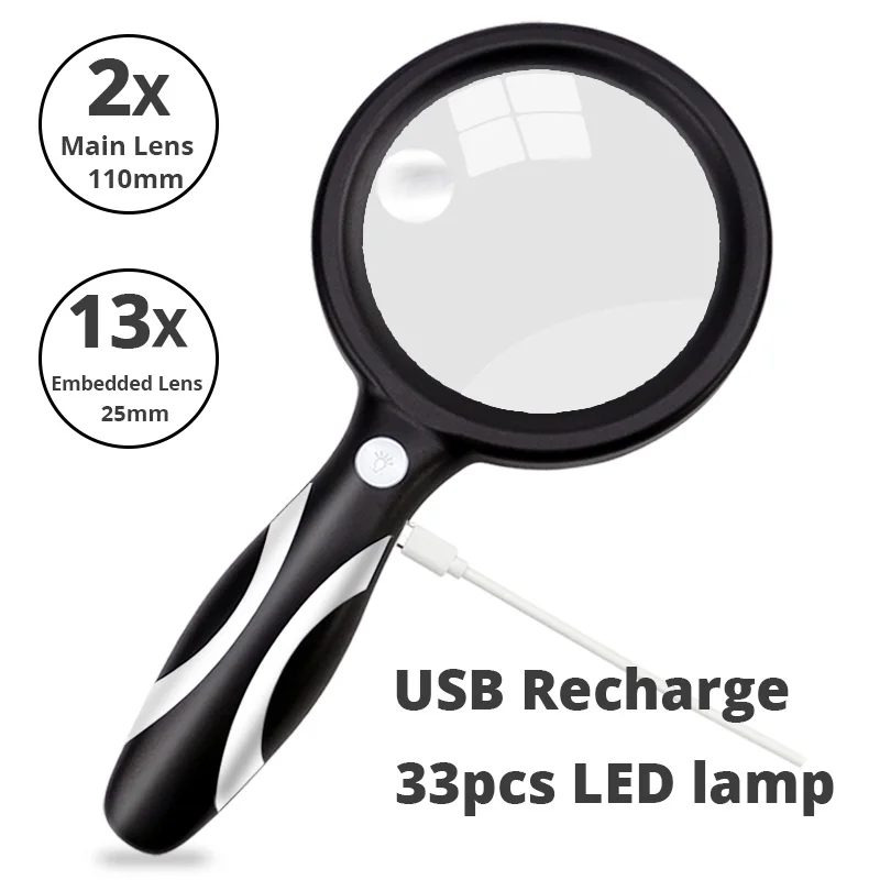 Lupa de mano 2X 13x, lupa recargable con 33 Uds., ajuste de luz LED para lectura, inspección de joyas