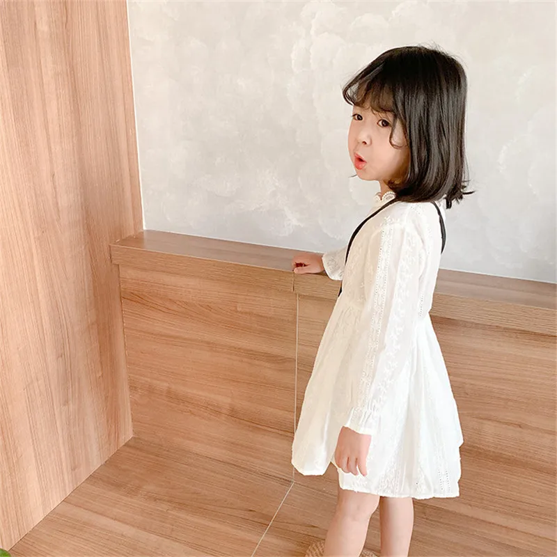 1-6T White Lace Dress For Girls Toddler Kid Baby Girl Clothes Long Sleeve High waist Sundress Cute Sweet Party Princess Dress