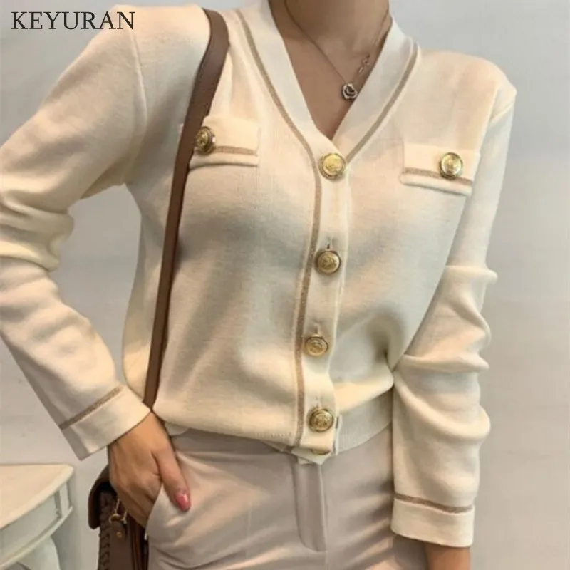 Chic Knitted Cardigan Woman 2024 Button Vintage Sweater Female V-Neck Single-breasted Cropped Sweater Outwear Women Kniting Tops