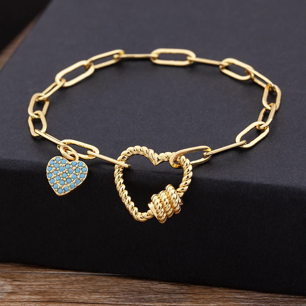 Nidin Hot Sale Romantic Heart Bracelets Pendant Link Chain Bracelet for Women Men Copper Cubic Zirconia Party Wedding Jewelry