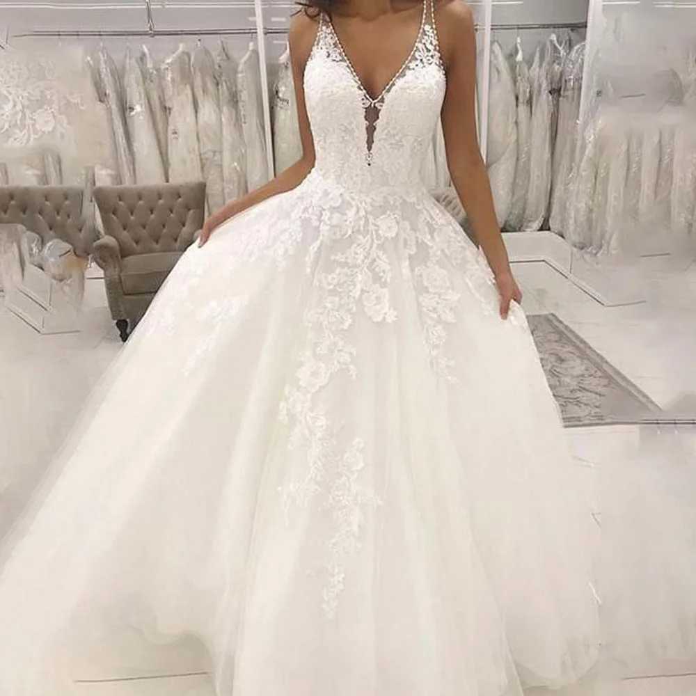 Myyble2023 vestidos de casamento de renda vestido de baile com decote em v aberto para trás renda branca vestidos de casamento longos apliques de renda até o chão vestido de noiva