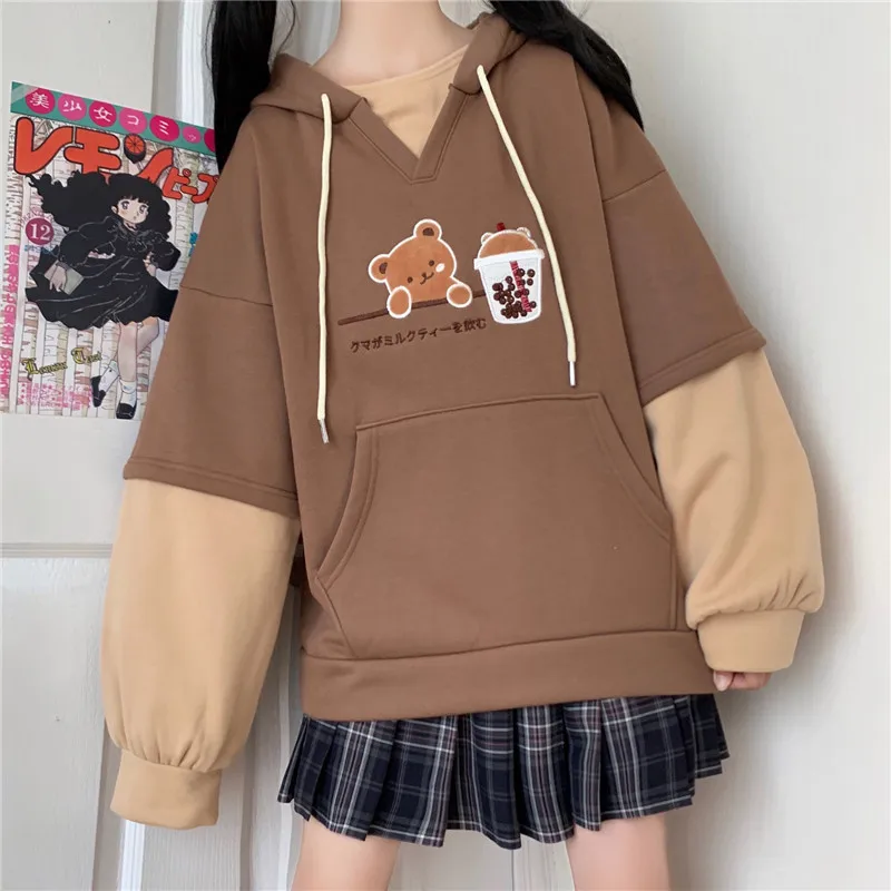 Harajuku Fashion Women Hoodies Winter Clothes Kawaii Fleece Cute Bear Anime Sweatshirt Teen Girls Aesthetic Long Sleeve Pullover