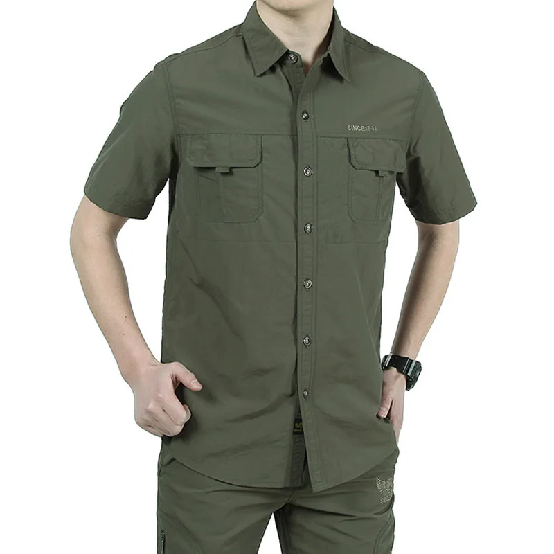 Summer Men Short Sleeve Army Cargo Shirt Quick Dry Turn Down Collar Tactical Shirt Hiking Camping Fishing Clothing Oversize