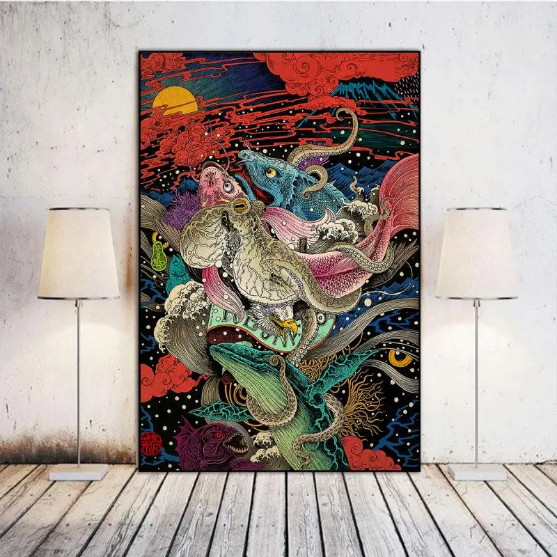 Japanese Canvas Painting Ukiyo-E Octopus Whale Art Poster Abstract Retro Picture Home Decoration Living Room Painting Exhibition