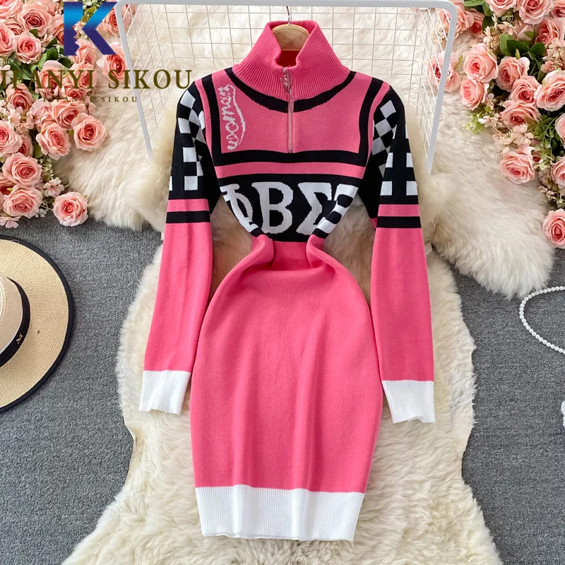 

Patchwork Knitted Dress Women Letter Print Fashion Turtleneck Zipper High Waist Midi Long Dress Autumn Long Sleeve Slim Dress