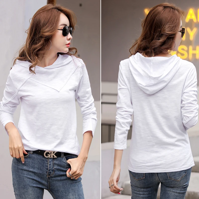 Long Sleeve Hooded T-shirt Bamboo Cotton Autumn Winter Tops New 2024 T Shirt Women Casual Patchwork Tee Shirt Femme White Black