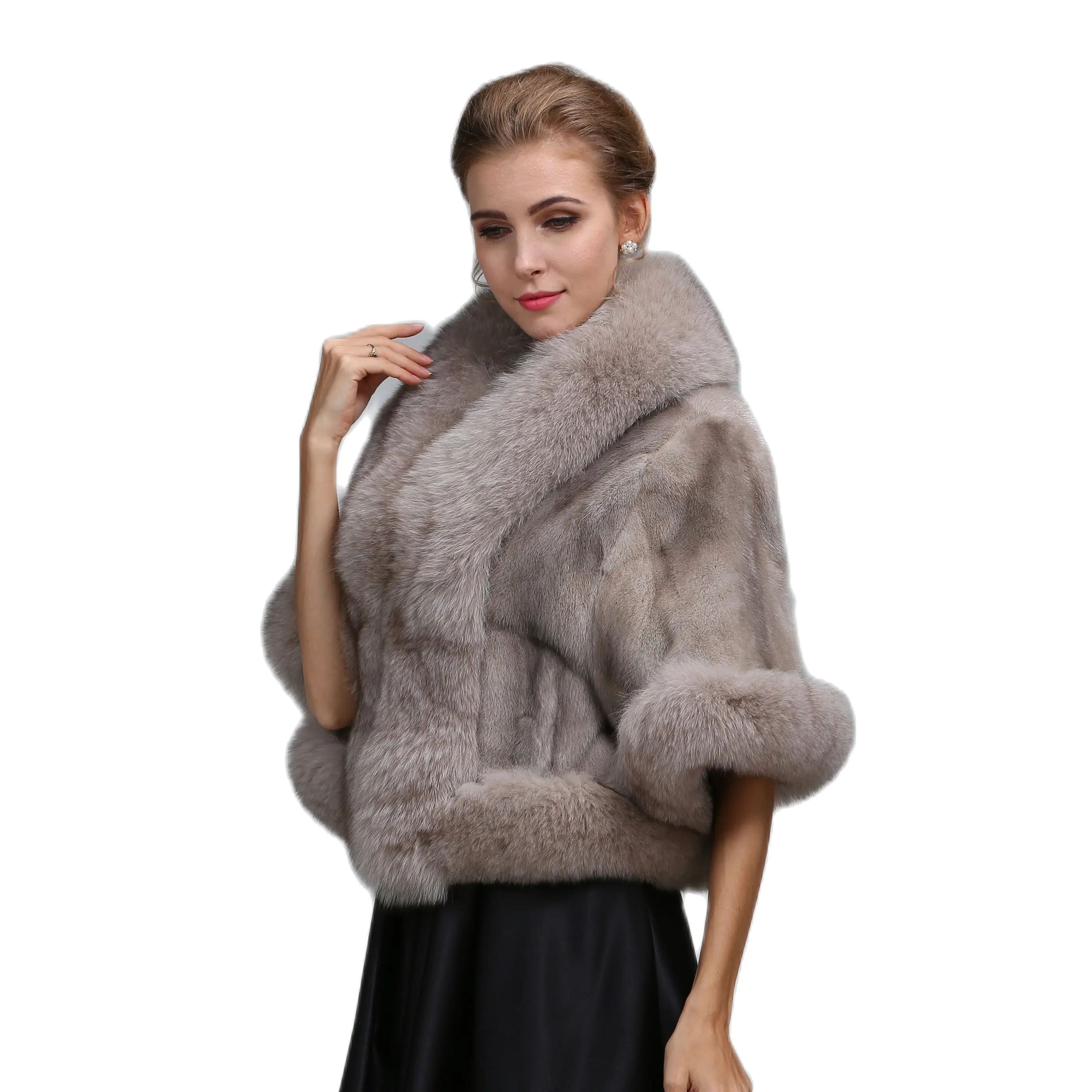 New Fashion Women Fond Poncho Brown Mink Fur Coat Autumn Winter Ladies Fox Fur Collar