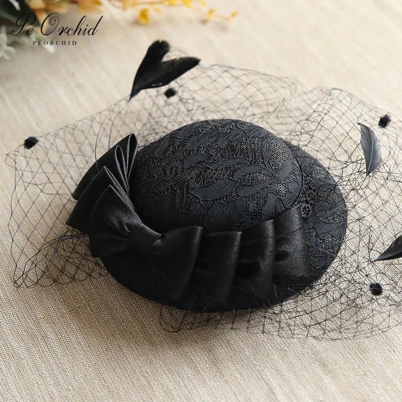 Peorchid Hitam/Biru/Gading Topi Pesta Pernikahan Bulang Bridal Topi Manis Bow Bulu Wanita Fascinator Wajah Kerudung