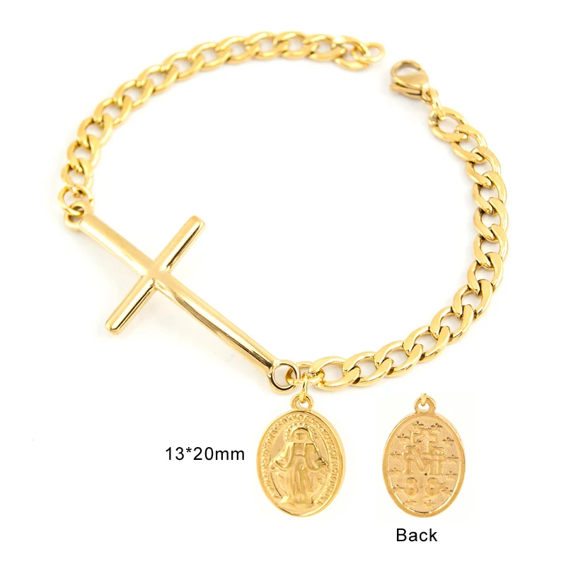 Stainless Steel Saint San Benito Virgin Mary Pendant Cuban Chain Corss Connecter Bracelet for Women